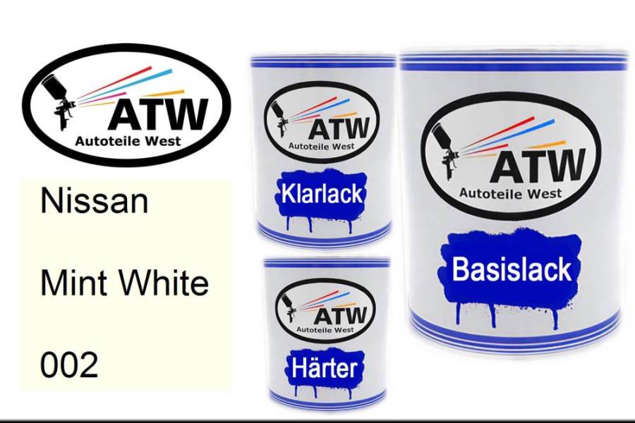 Nissan, Mint White, 002: 1L Lackdose + 1L Klarlack + 500ml Härter - Set, von ATW Autoteile West.